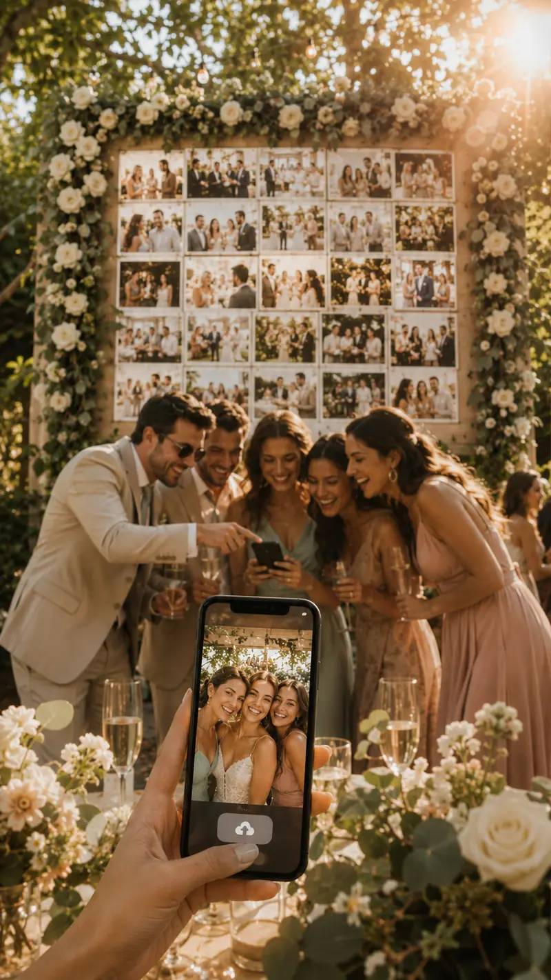 Pantalla mostrando galería de fotos en recepción de boda