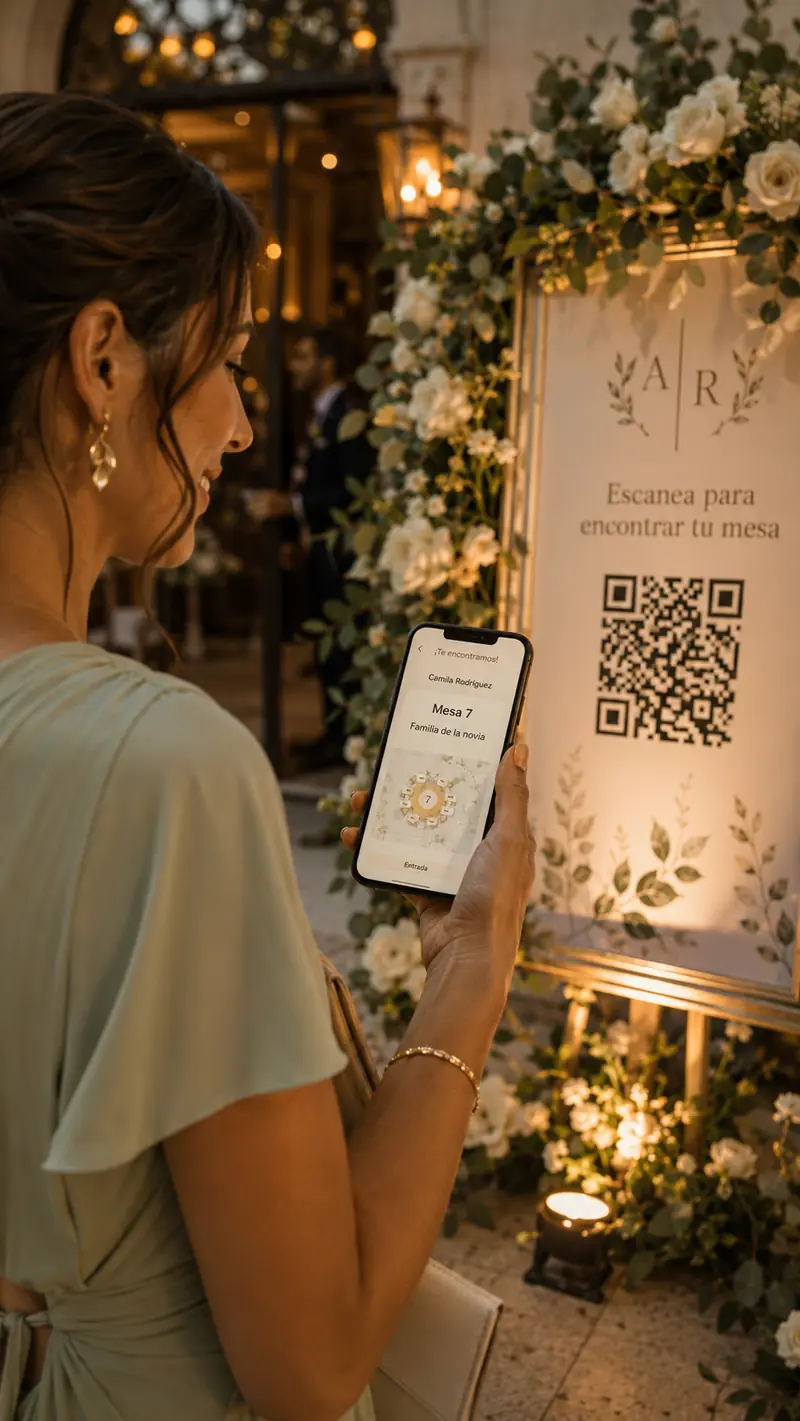 Pantalla de bienvenida en evento mostrando búsqueda de mesa